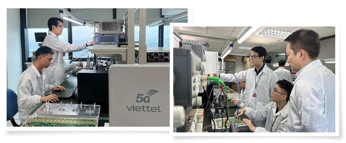 Left photo: Researchers with 5G equipment developed by Viettel. Right photo: Viettel Group staff inspecting high-tech defense industry products.